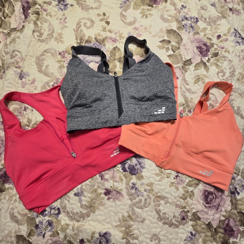 BCG Womens Hi-Support Front Zip Sports Bra 3 Pack Pink Peach‎ Gray Small Gym Run
